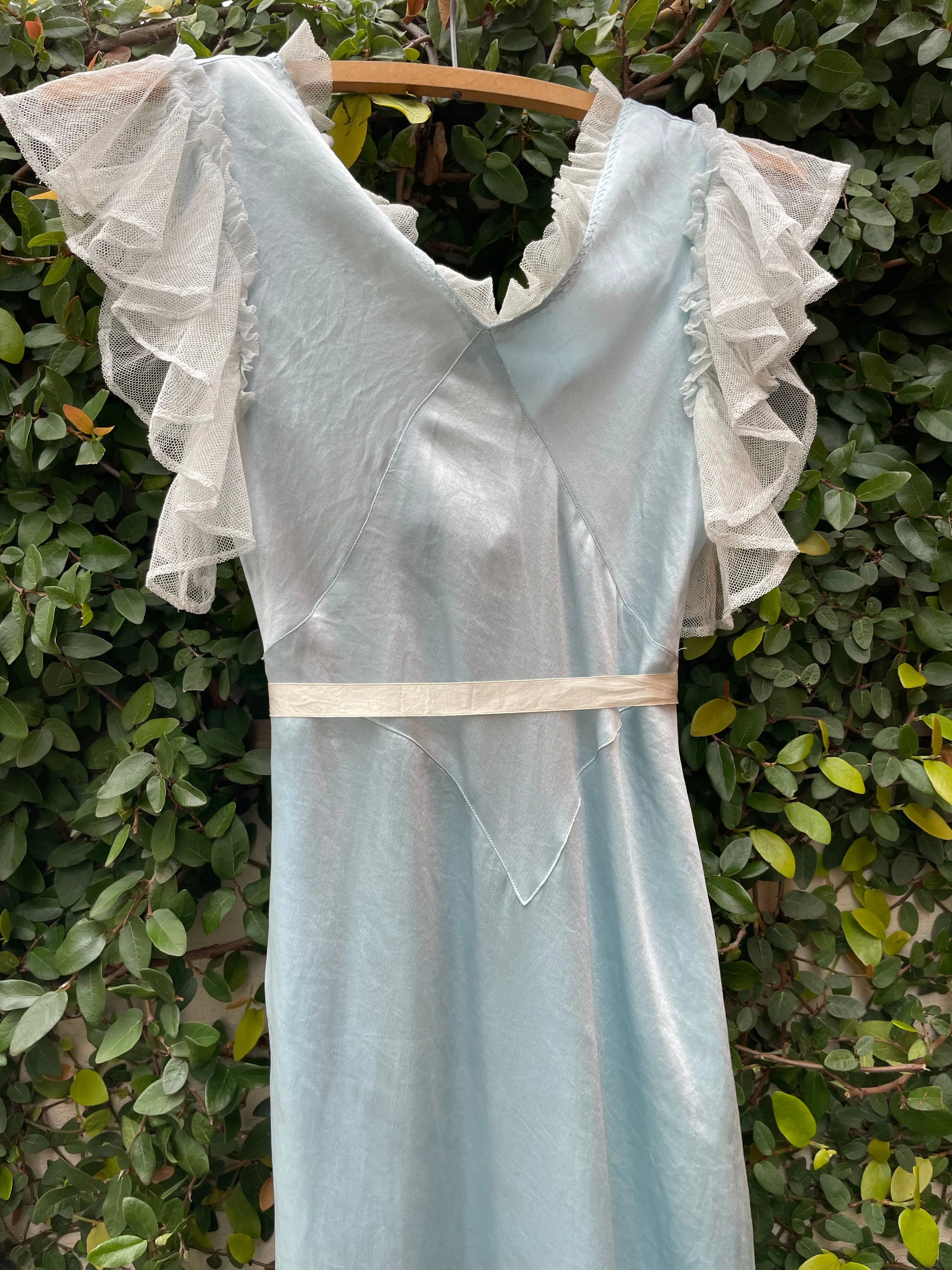 1930s Icey Blue Bias Cut Flutter Sleeve Satin Slip Dress