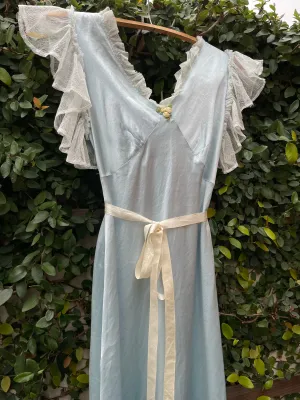 1930s Icey Blue Bias Cut Flutter Sleeve Satin Slip Dress