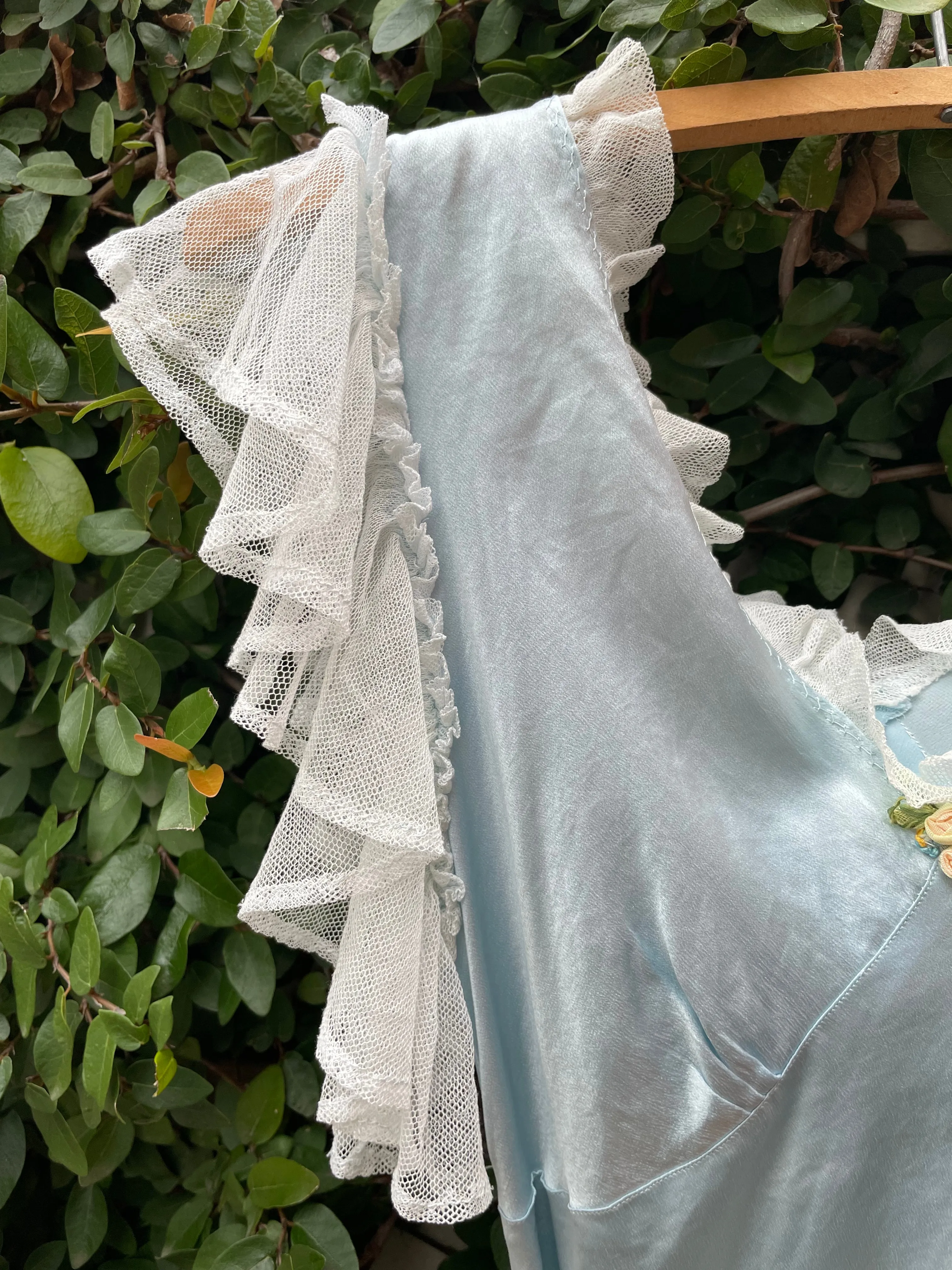 1930s Icey Blue Bias Cut Flutter Sleeve Satin Slip Dress