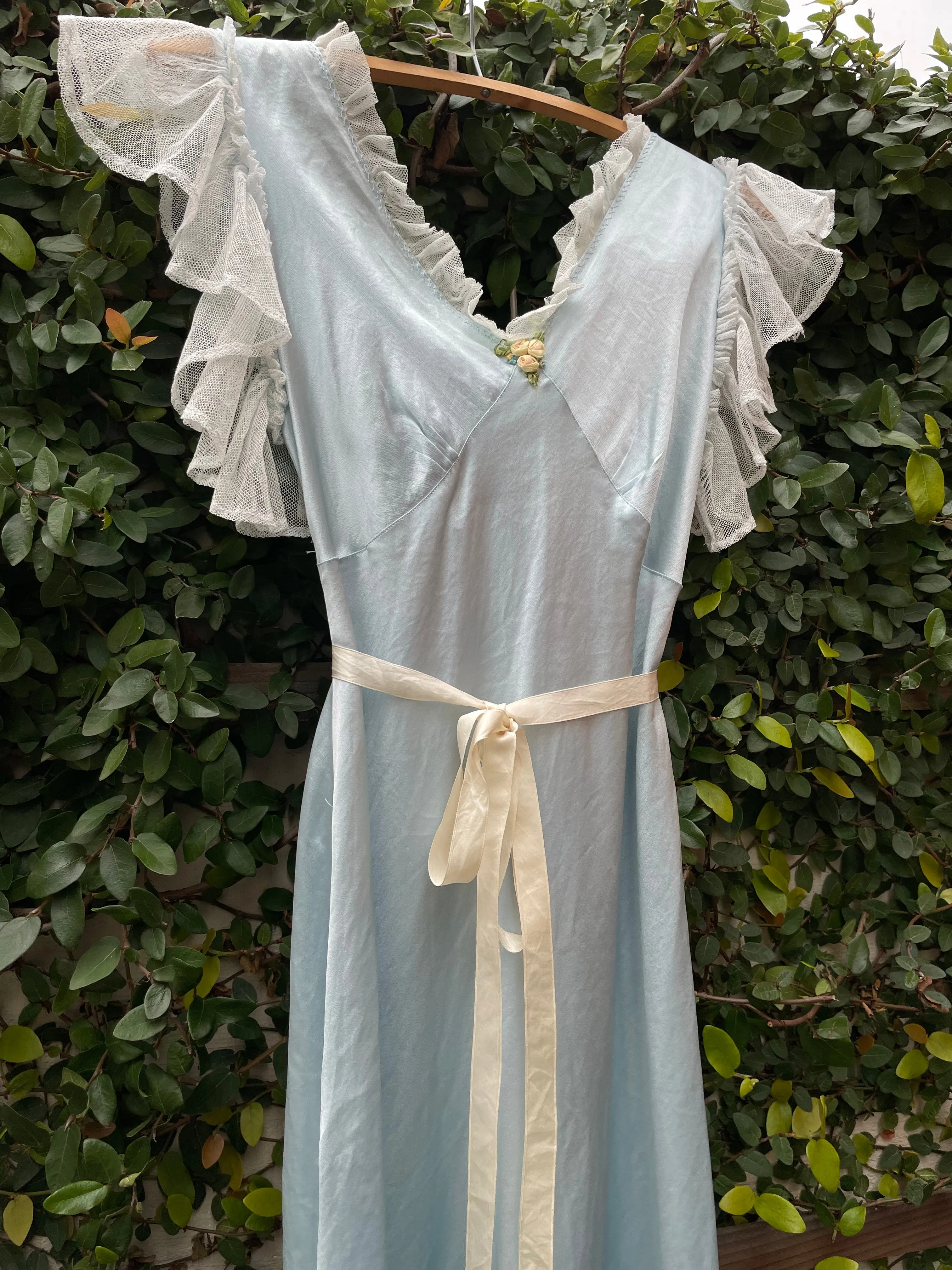 1930s Icey Blue Bias Cut Flutter Sleeve Satin Slip Dress