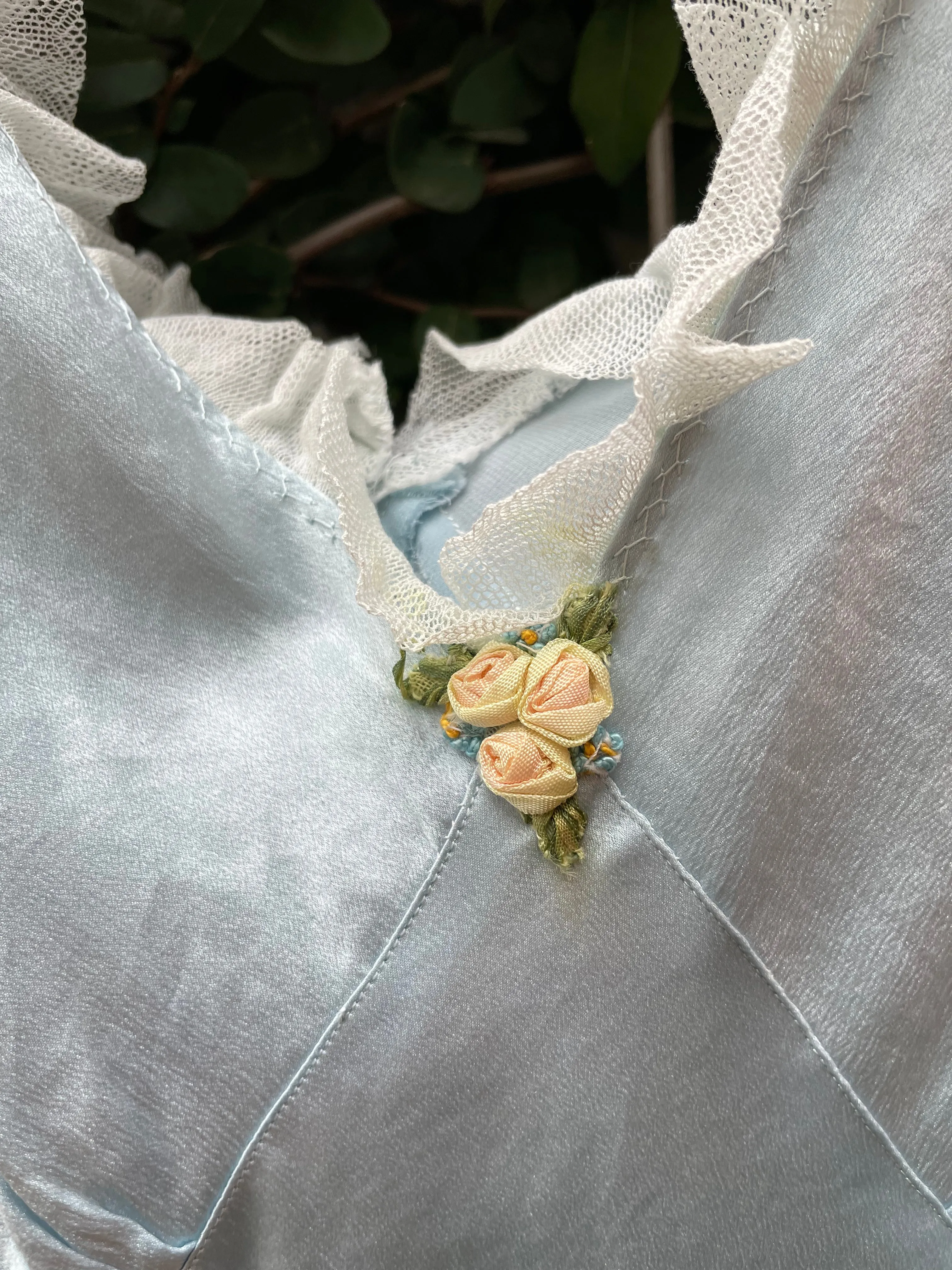 1930s Icey Blue Bias Cut Flutter Sleeve Satin Slip Dress