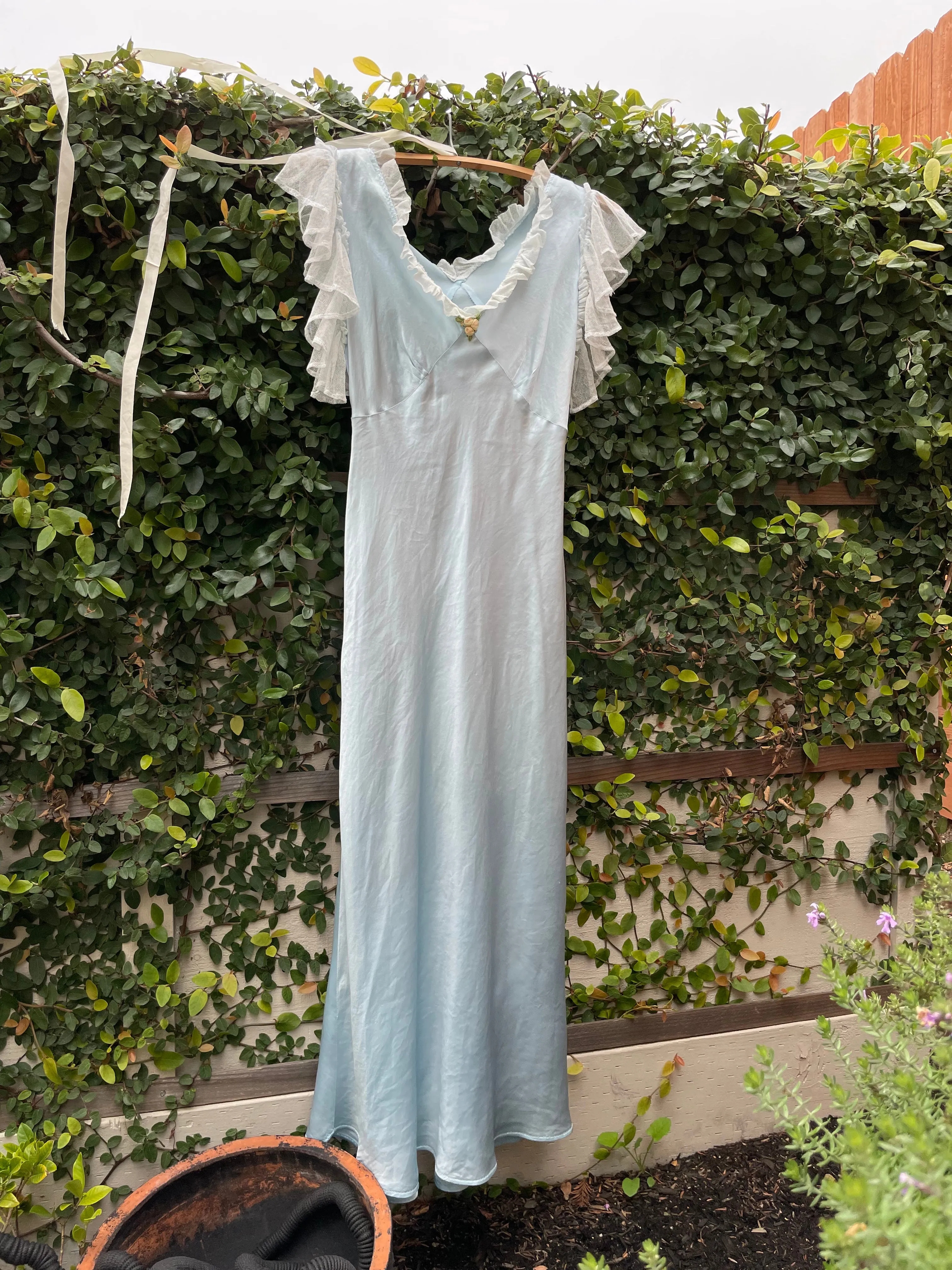 1930s Icey Blue Bias Cut Flutter Sleeve Satin Slip Dress