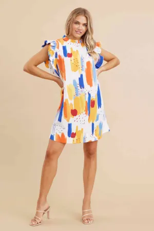 Abstract Print Dress W/Frill Mock Neckline