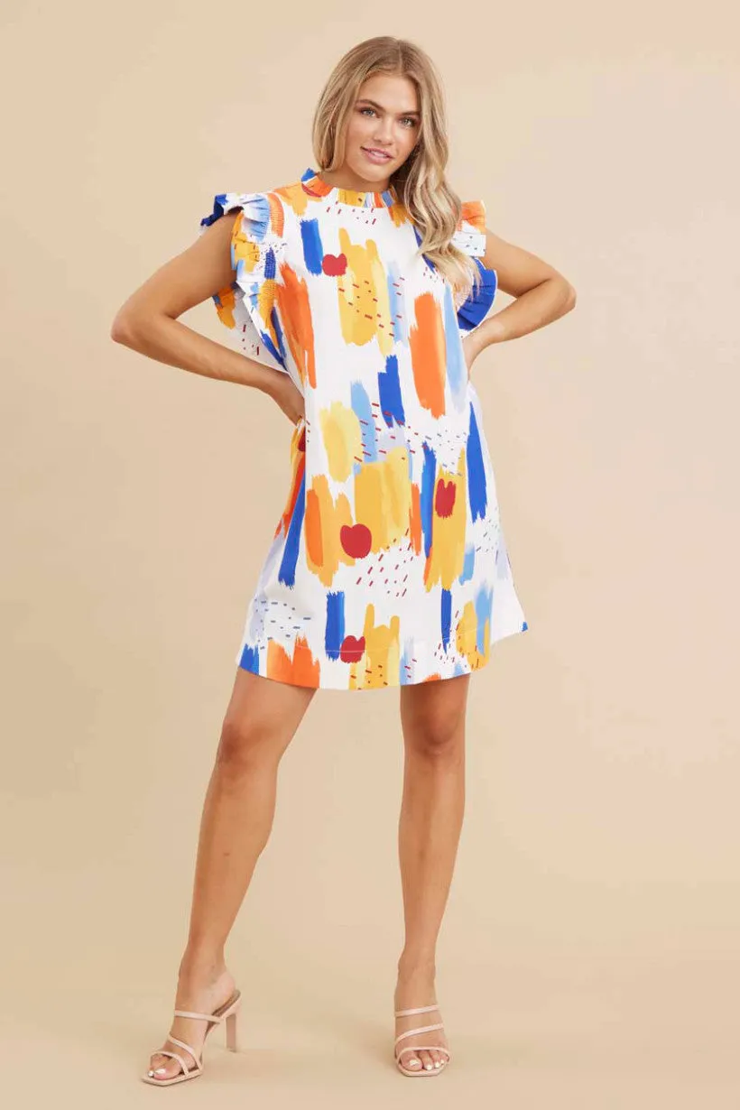 Abstract Print Dress W/Frill Mock Neckline