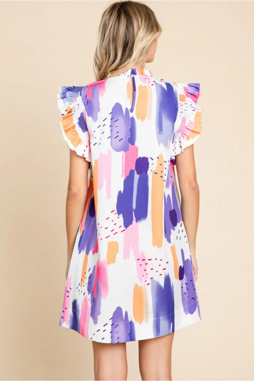 Abstract Print Dress W/Frill Mock Neckline