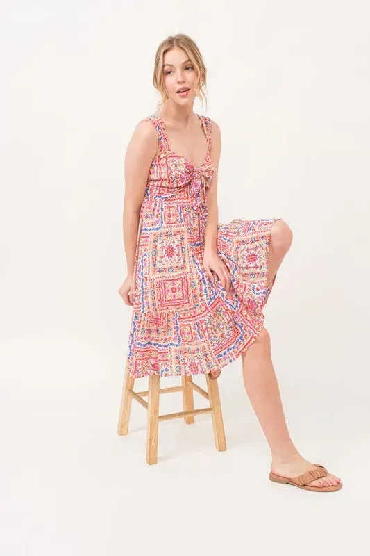 And The Why Tied Front Smocked Back Tiered Boho Printed Dress