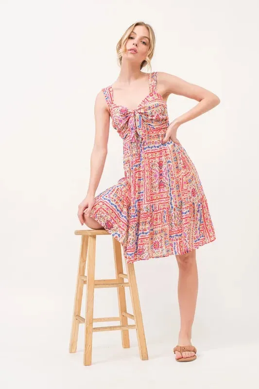 And The Why Tied Front Smocked Back Tiered Boho Printed Dress