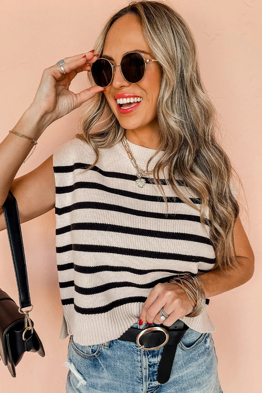 Apricot Stripe Boxy Knitted Round Neck Sweater Top