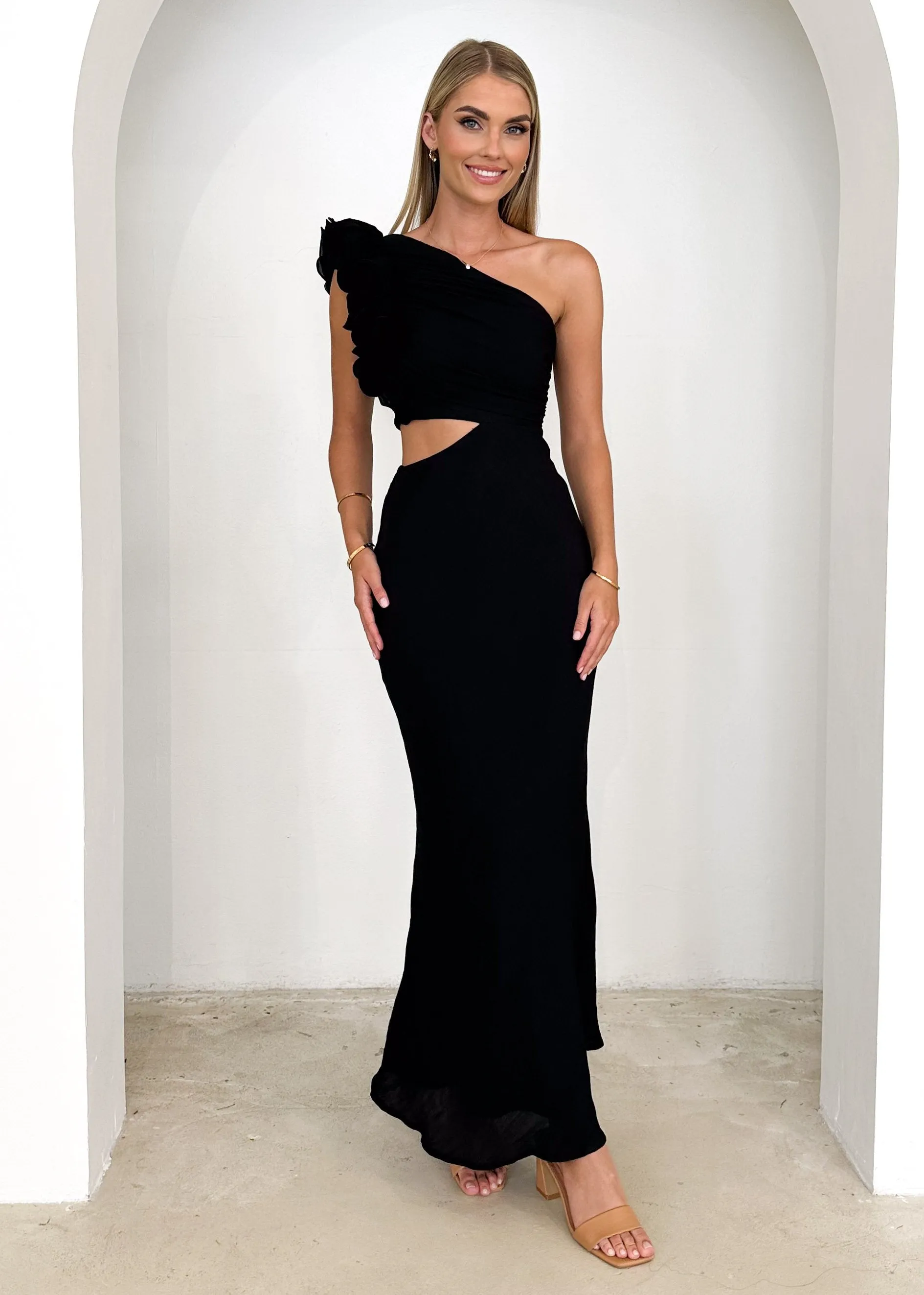 Azra One Shoulder Midi Dress - Black