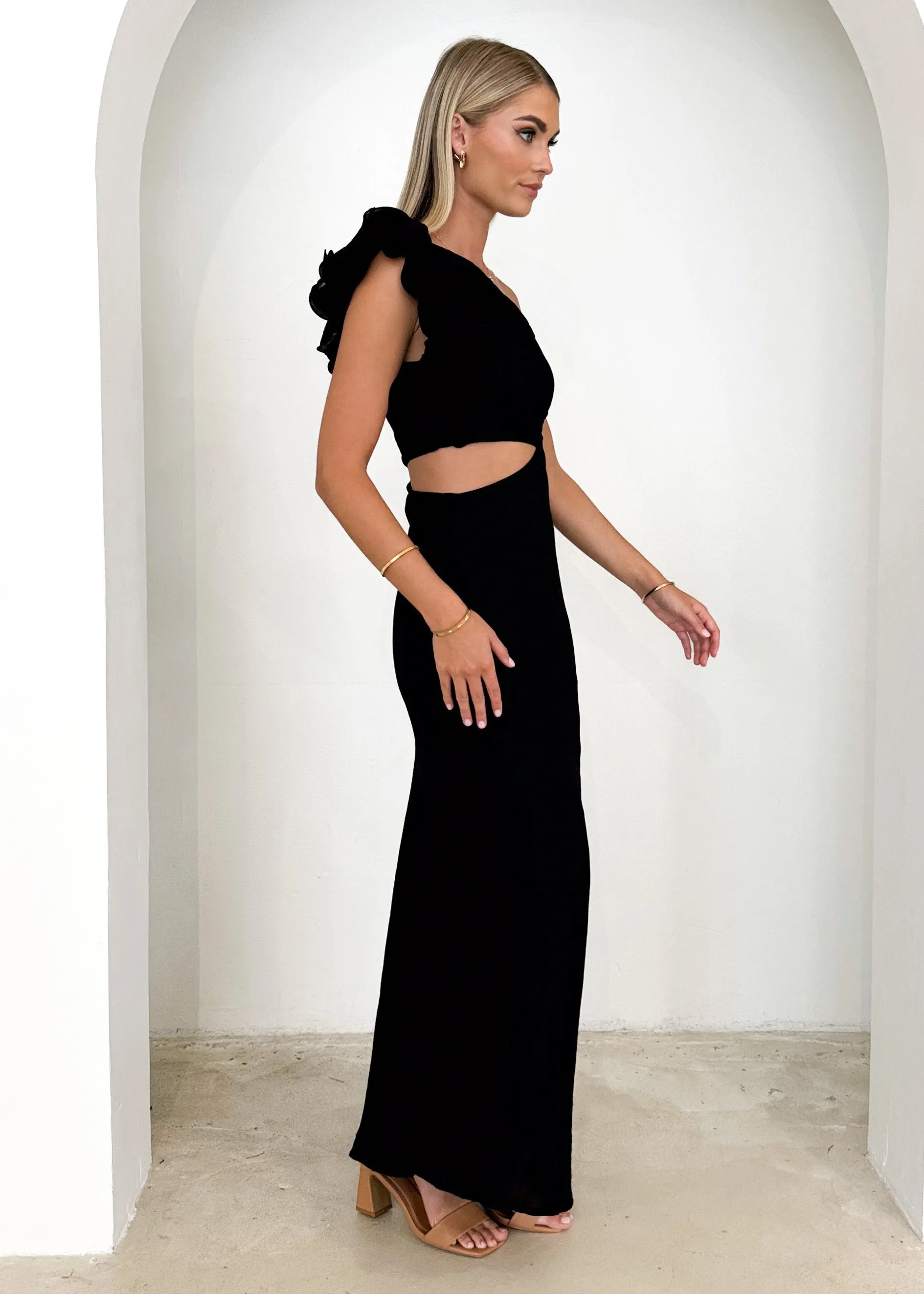 Azra One Shoulder Midi Dress - Black