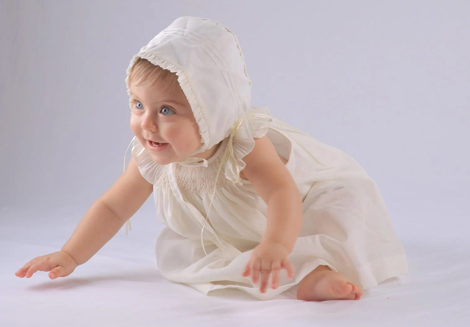 Baby Girl Ivory Bishop Smocked Dress, Christening Baptism Dress Ivory cotton with Bonnet , Free Personalization