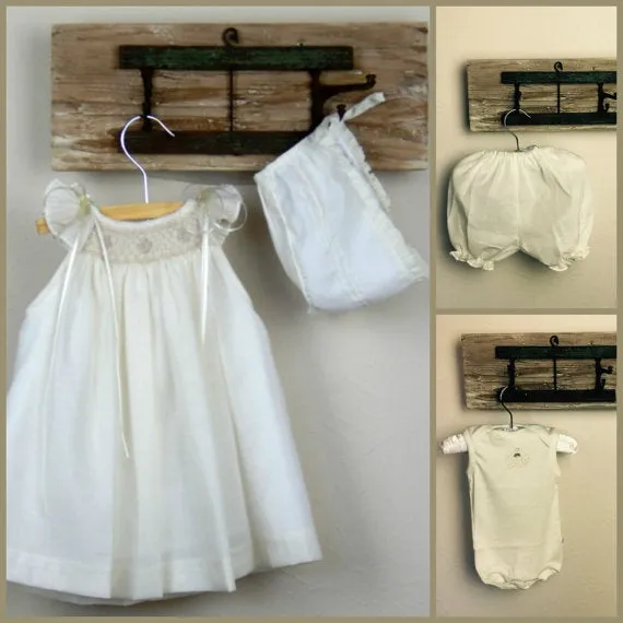 Baby Girl Ivory Bishop Smocked Dress, Christening Baptism Dress Ivory cotton with Bonnet , Free Personalization