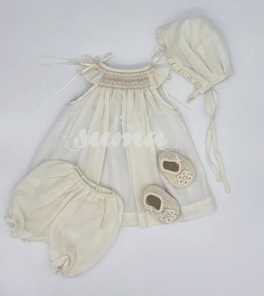 Baby Girl Ivory Bishop Smocked Dress, Christening Baptism Dress Ivory cotton with Bonnet , Free Personalization