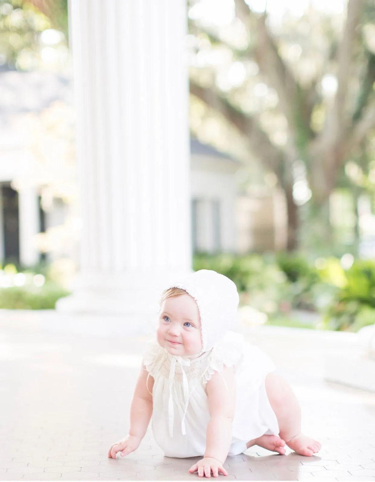 Baby Girl Ivory Bishop Smocked Dress, Christening Baptism Dress Ivory cotton with Bonnet , Free Personalization