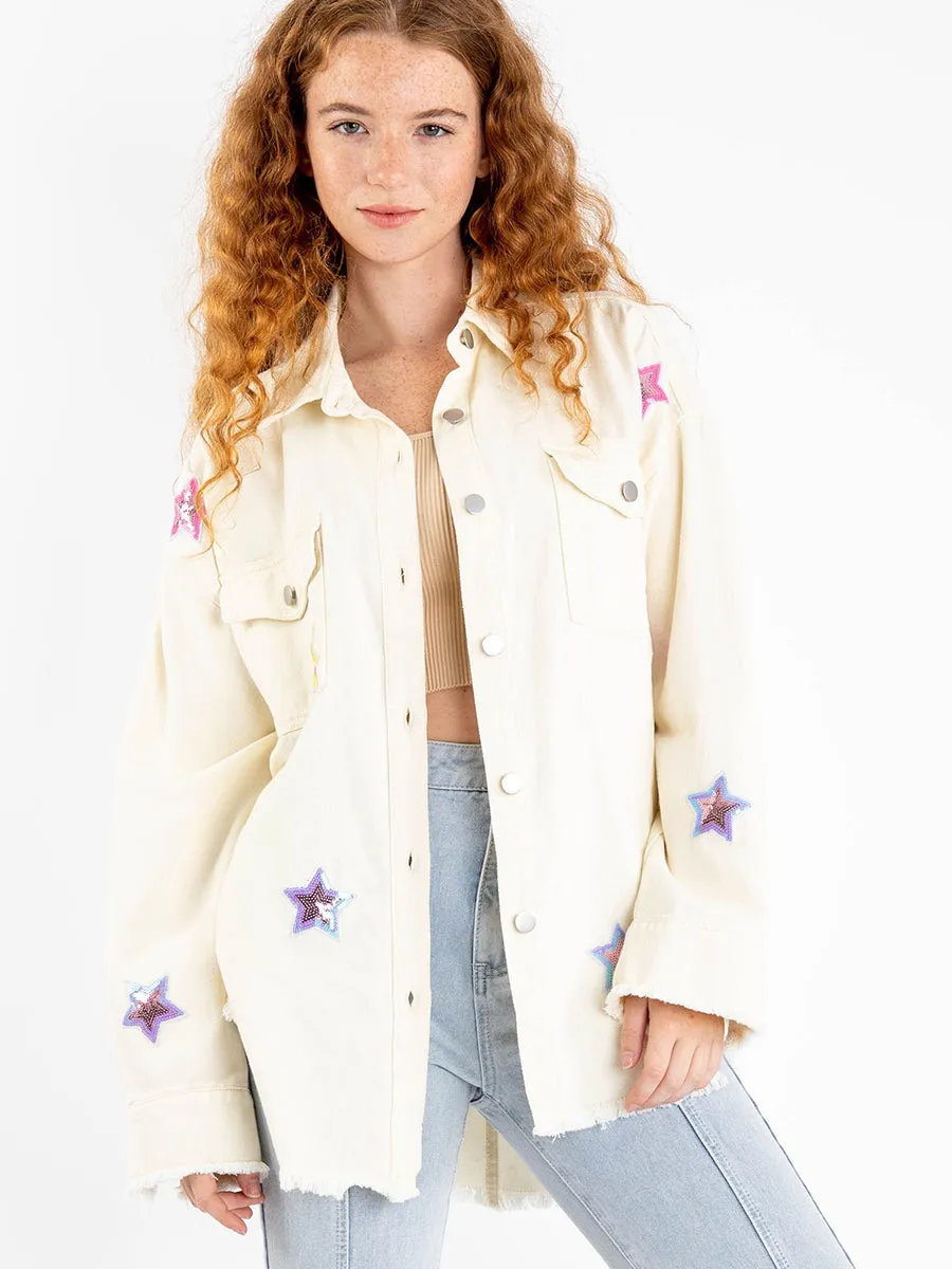 Be My Own Star Cotton Distressed Denim Shacket