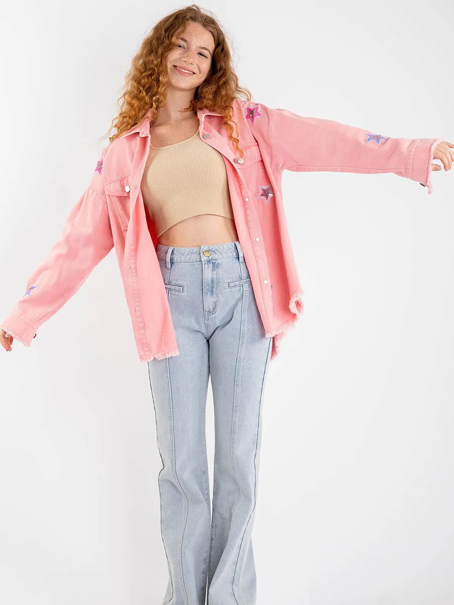 Be My Own Star Cotton Distressed Denim Shacket