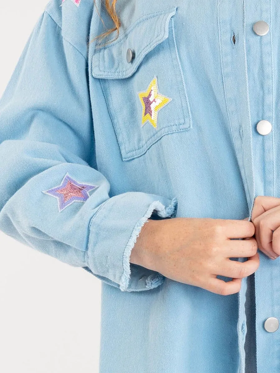 Be My Own Star Cotton Distressed Denim Shacket