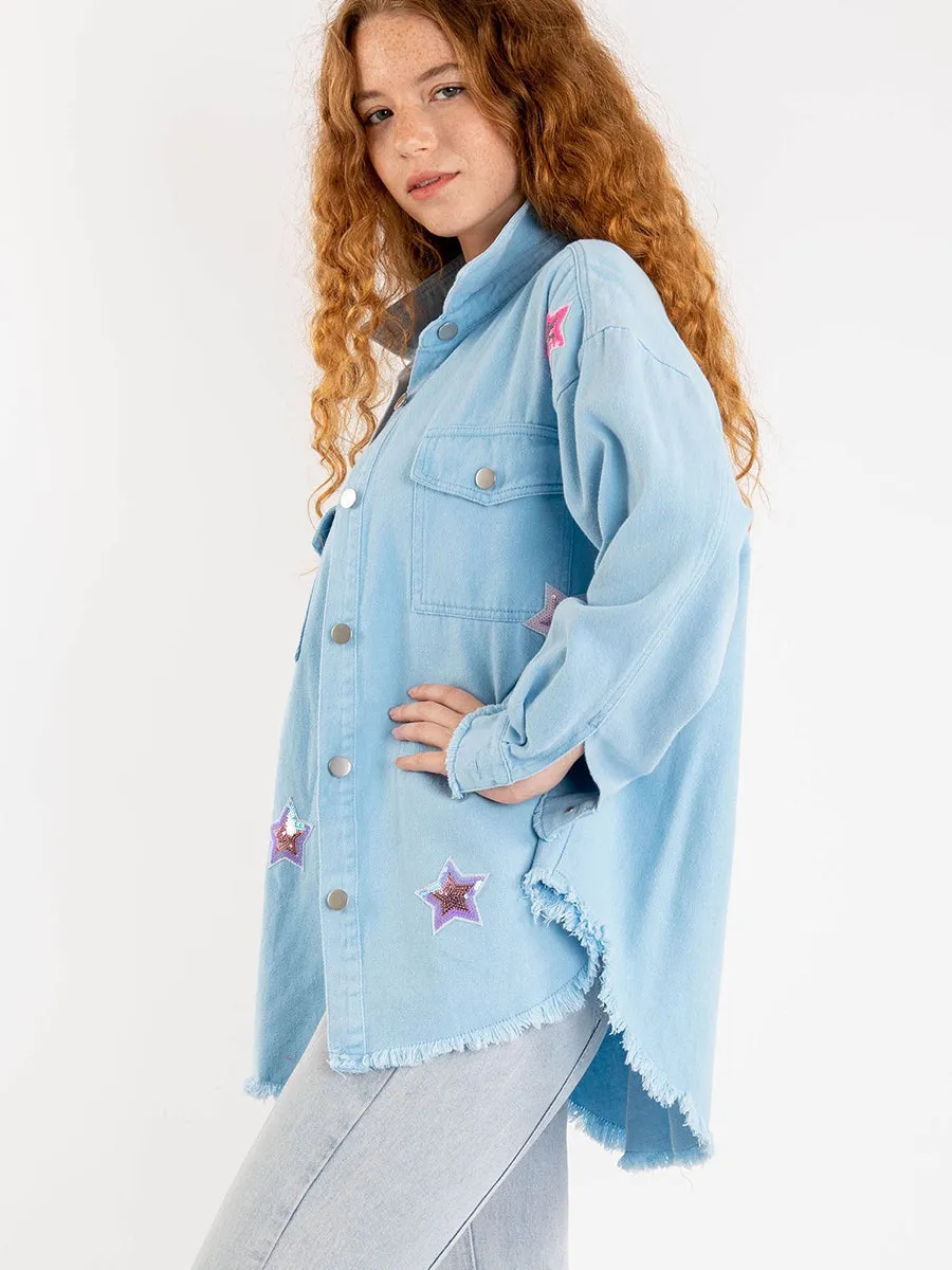 Be My Own Star Cotton Distressed Denim Shacket