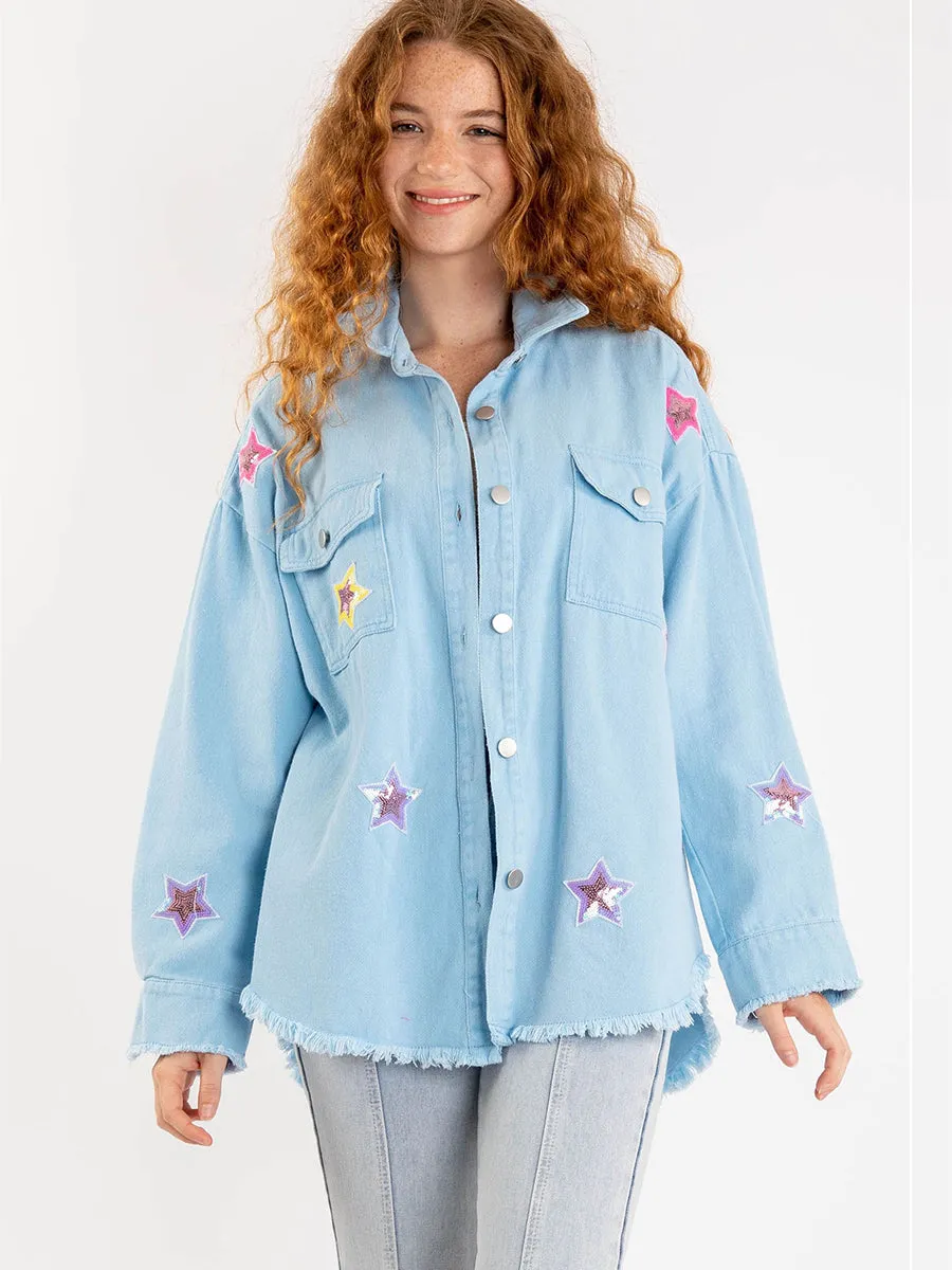 Be My Own Star Cotton Distressed Denim Shacket
