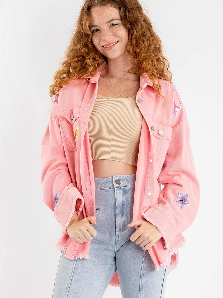 Be My Own Star Cotton Distressed Denim Shacket