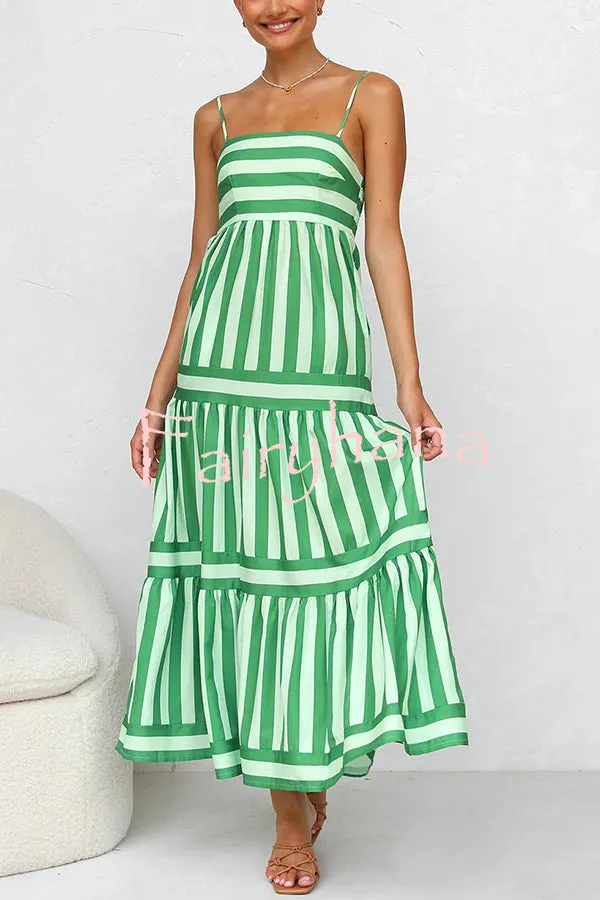 Beachy Dreams Striped Print Back Smocked Pocket A-line Slip Midi Dress