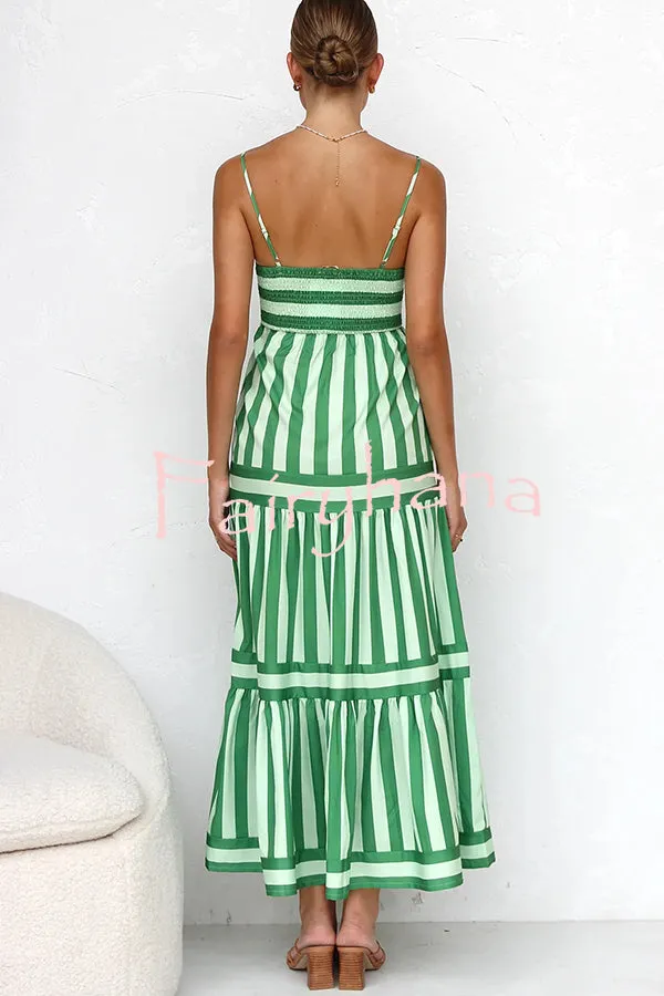 Beachy Dreams Striped Print Back Smocked Pocket A-line Slip Midi Dress