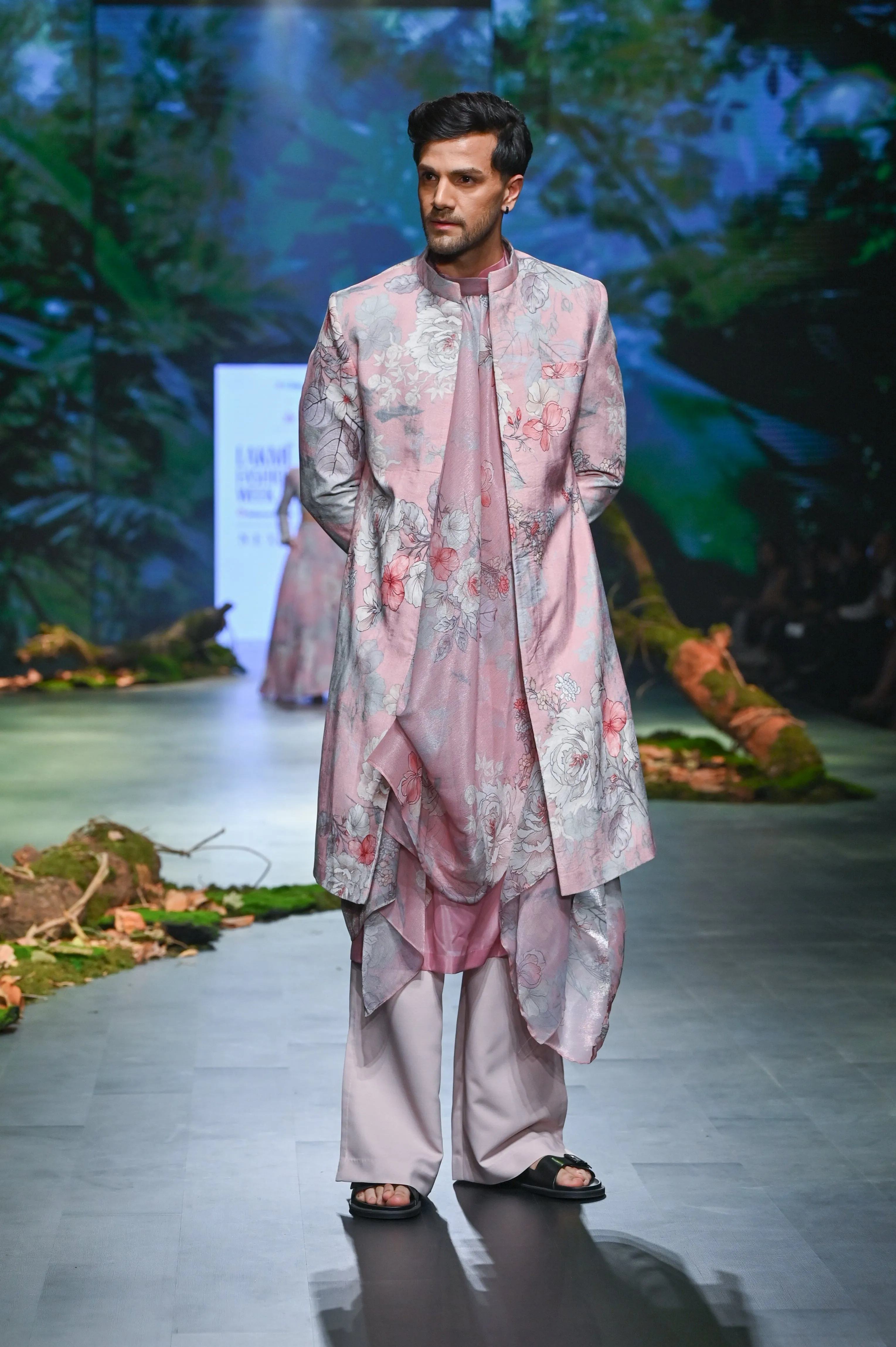 Beige & Pink Printed Sherwani Set