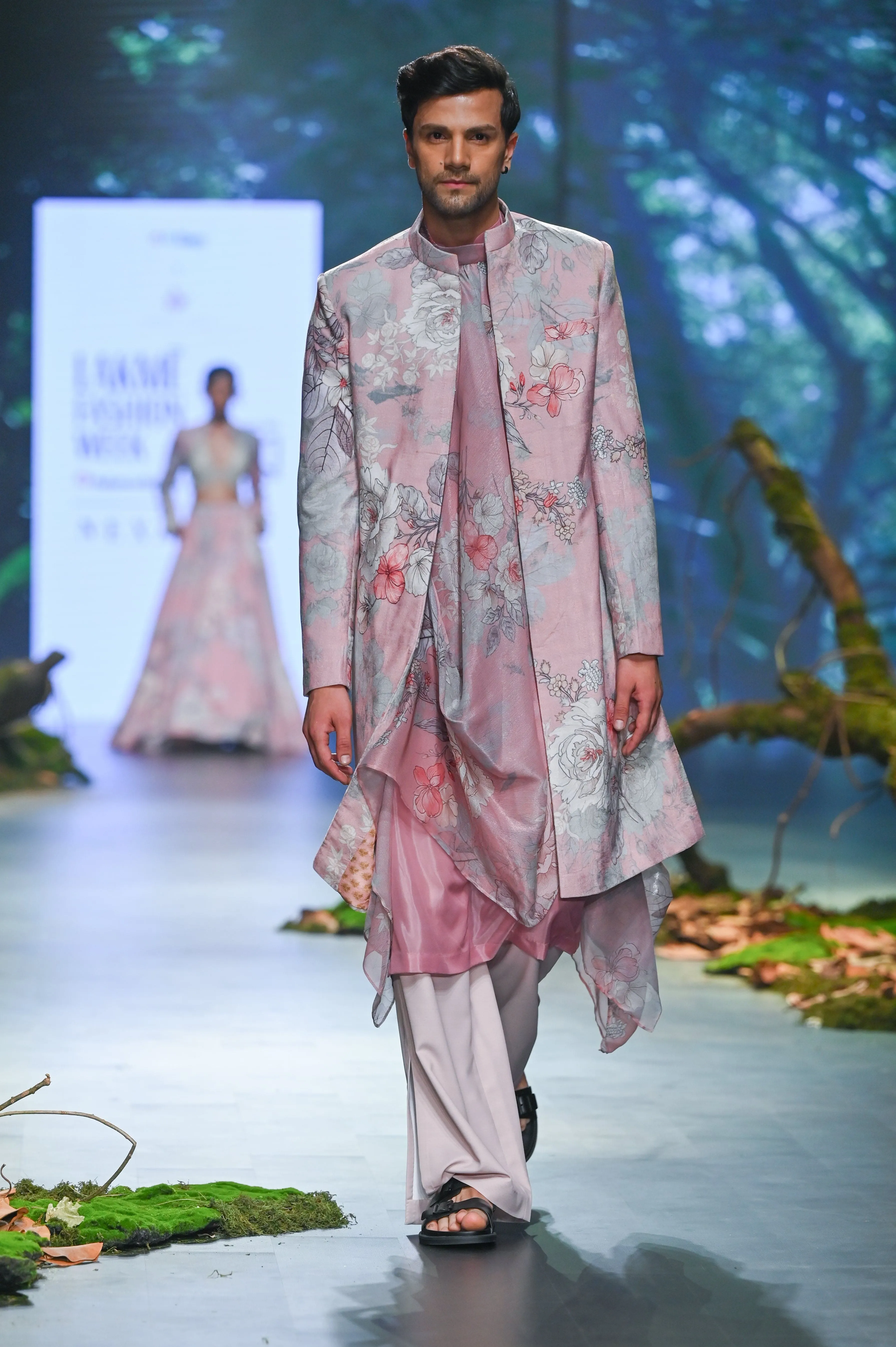 Beige & Pink Printed Sherwani Set