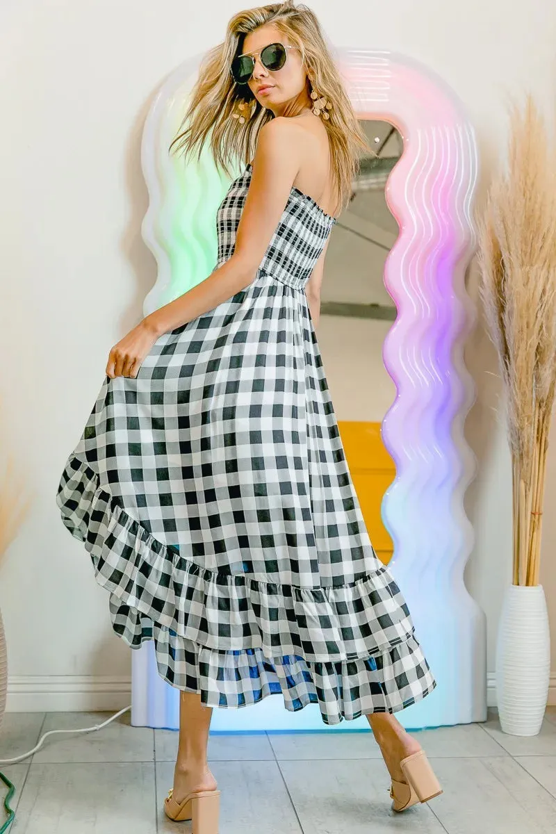 BiBi Smocked Body Off Shoulder Check Dress S-XL