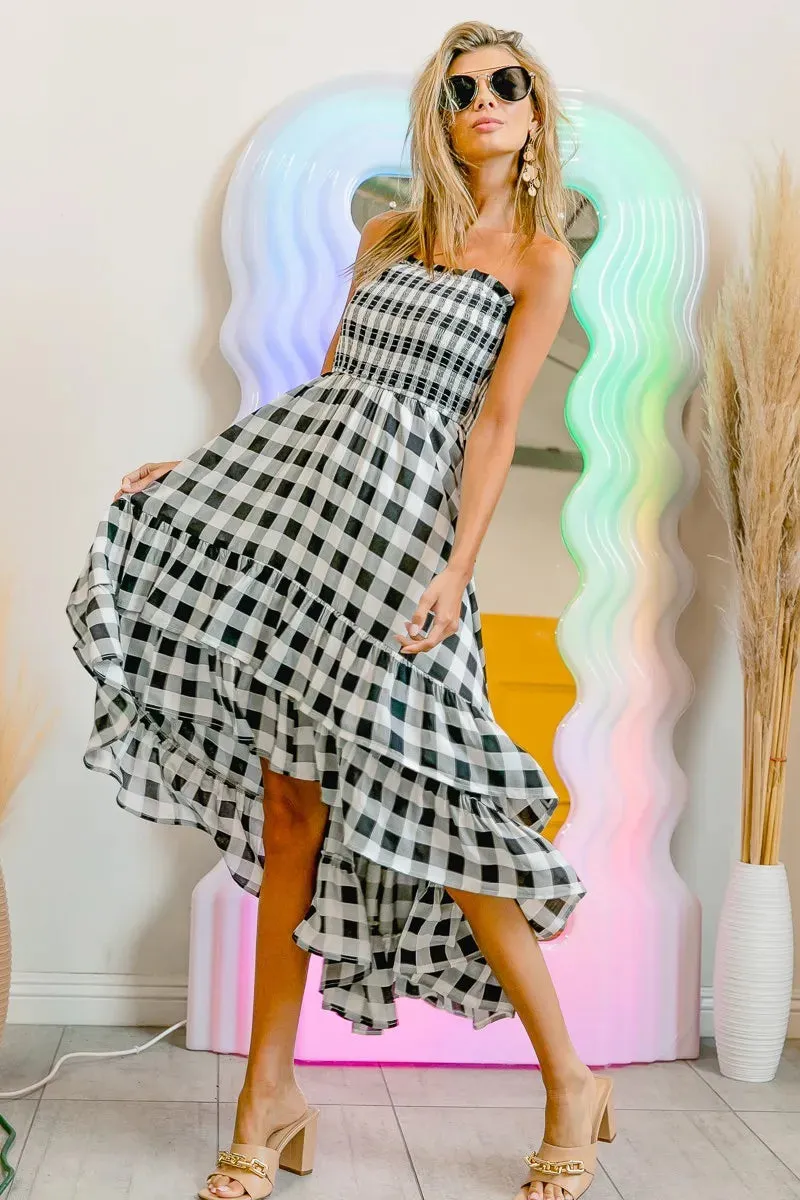 BiBi Smocked Body Off Shoulder Check Dress S-XL