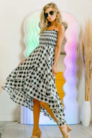 BiBi Smocked Body Off Shoulder Check Dress S-XL