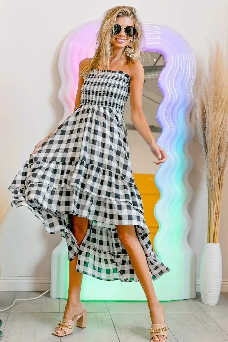 BiBi Smocked Body Off Shoulder Check Dress S-XL