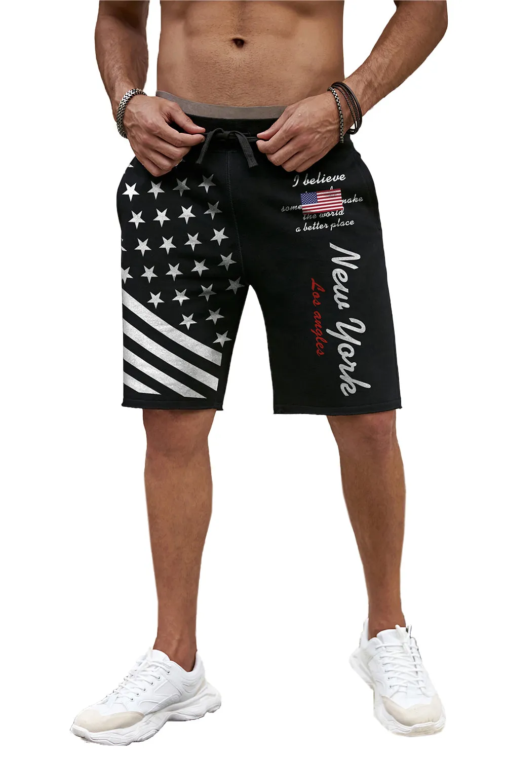 Black American Flag Letter Graphic Print Drawstring Men's Casual Shorts