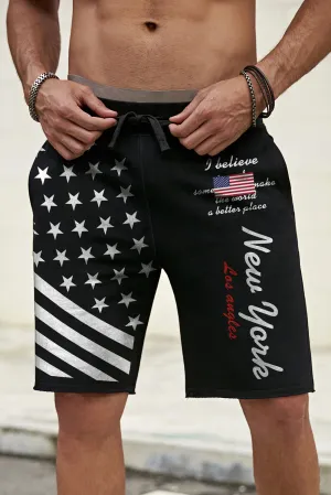 Black American Flag Letter Graphic Print Drawstring Men's Casual Shorts