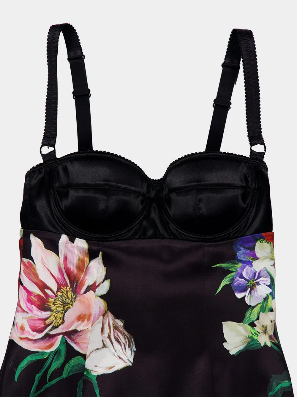 Black Floral Satin Slip Dress with Bra Detail