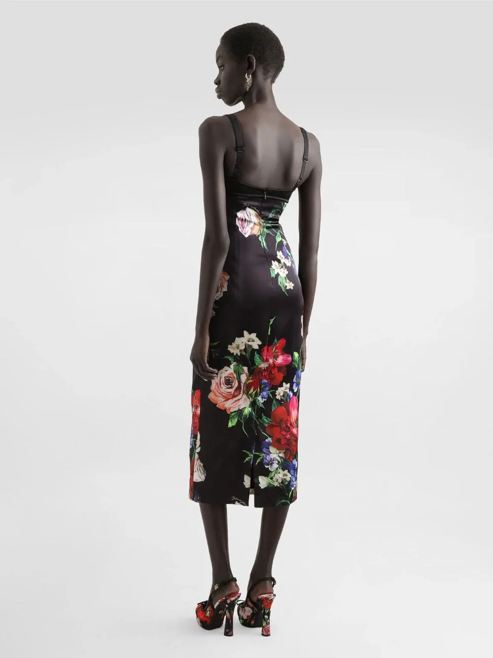 Black Floral Satin Slip Dress with Bra Detail