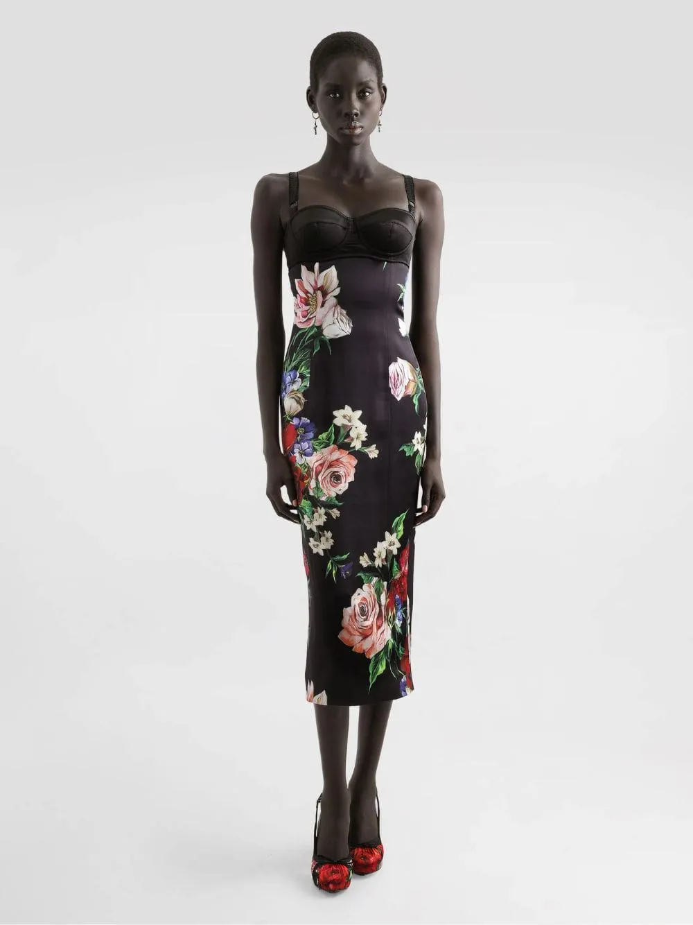 Black Floral Satin Slip Dress with Bra Detail