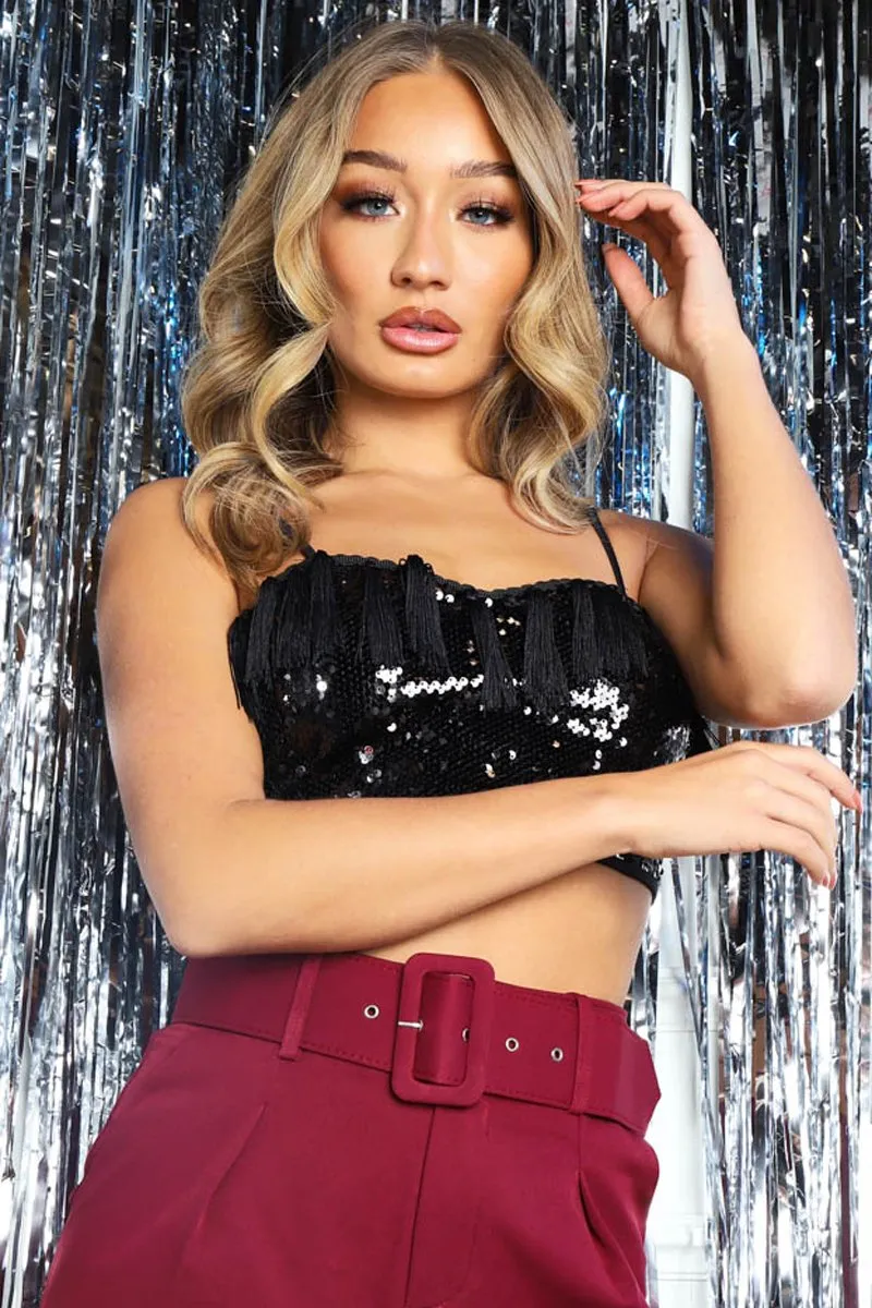 Black Sequin Detail Tassel Front Plunge Bralet - Bethany