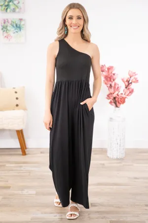 Black Smocked Bodice One Shoulder Jumpsuit