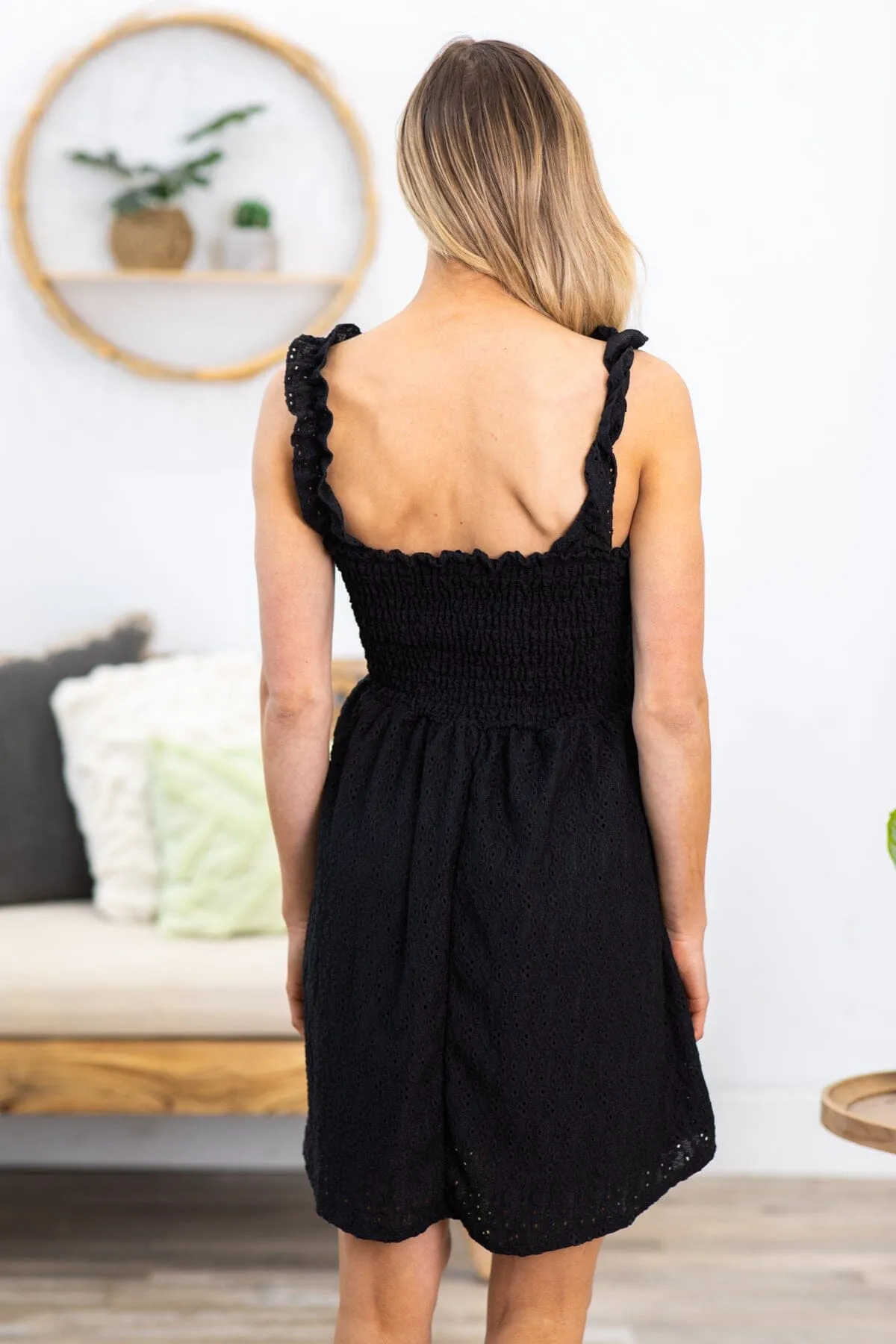 Black Smocked Bodice Ruched Strap Dress