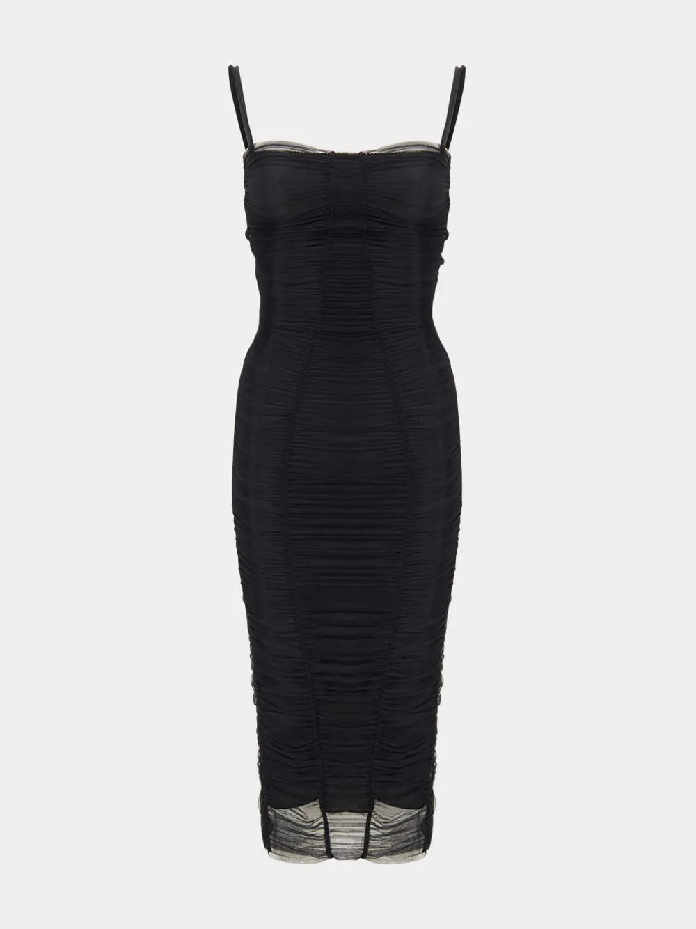 Black Tulle Calf-Length Draped Dress