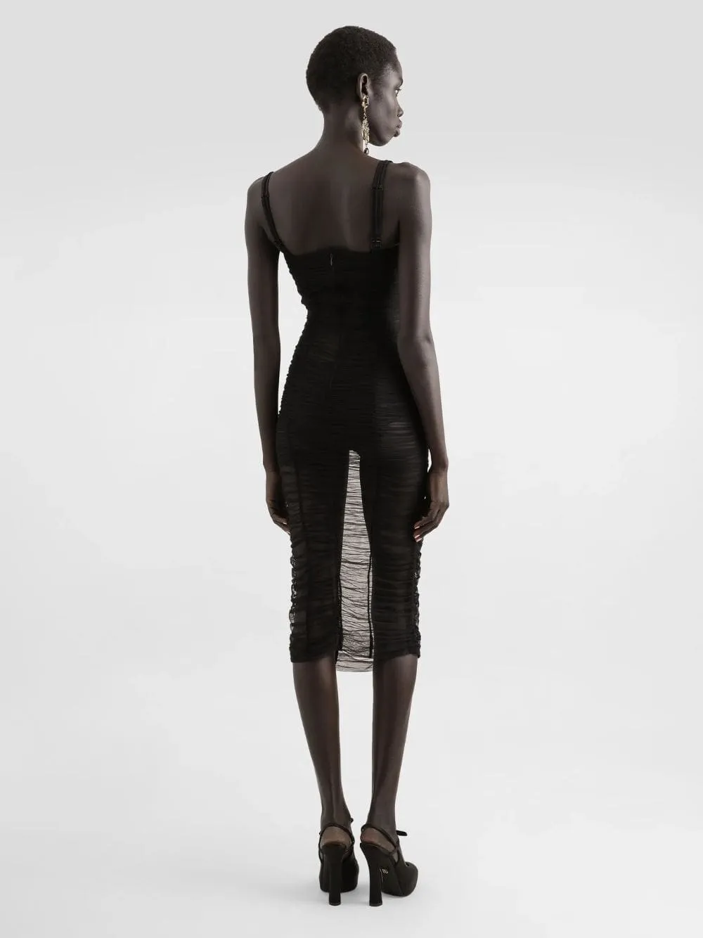Black Tulle Calf-Length Draped Dress