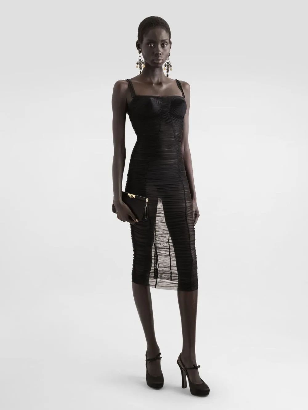 Black Tulle Calf-Length Draped Dress