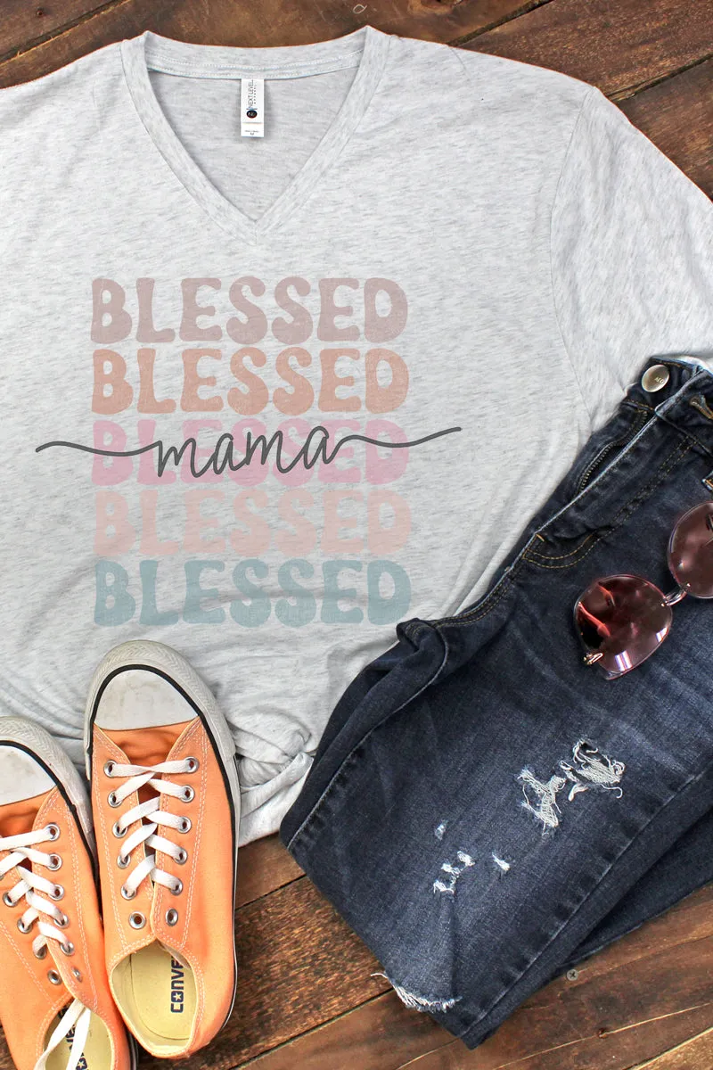 Blessed Mama Stacked Tri-Blend V Neck Tee