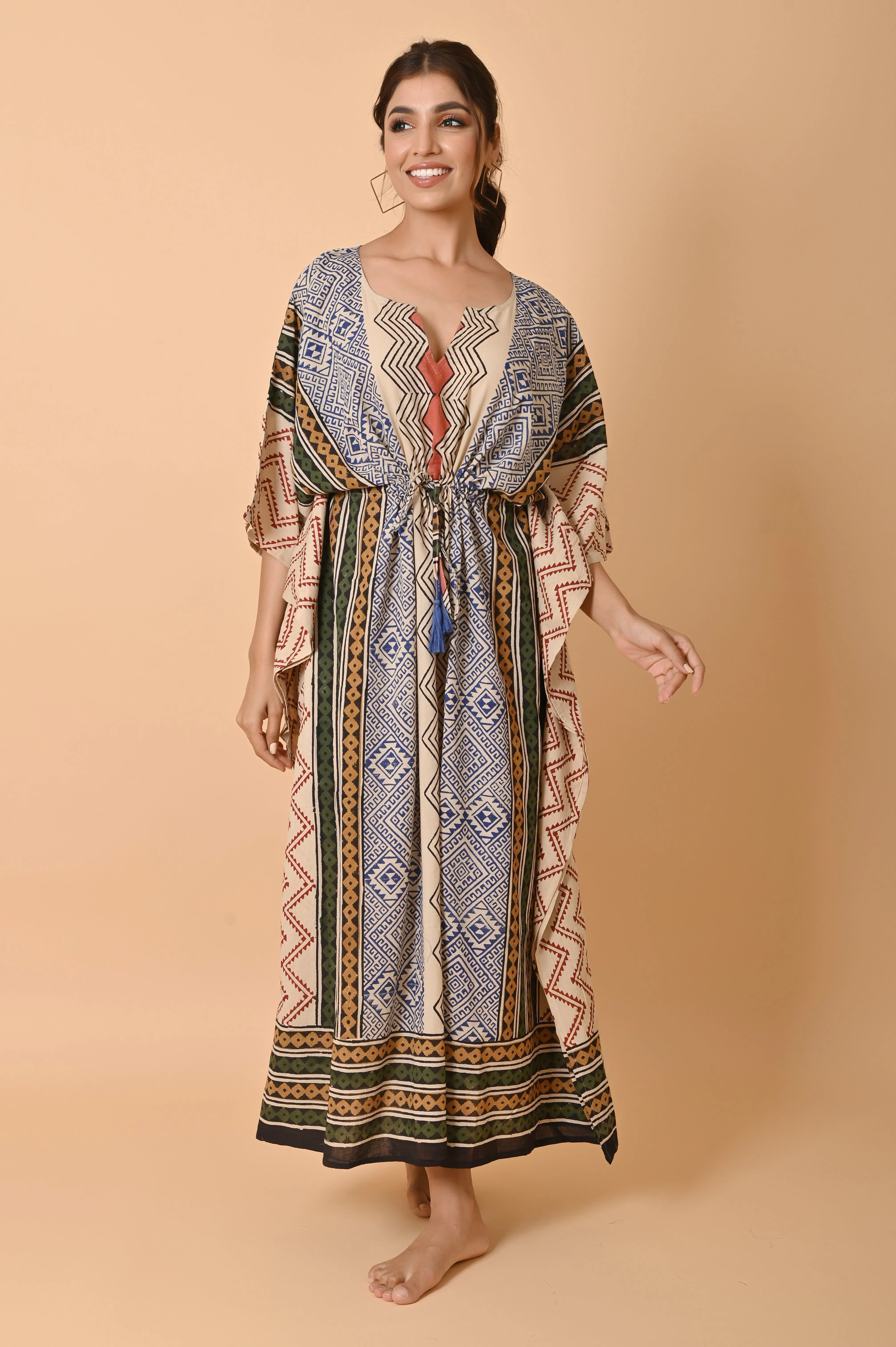 Block Print Cotton Long Bohemian Kaftan Dress