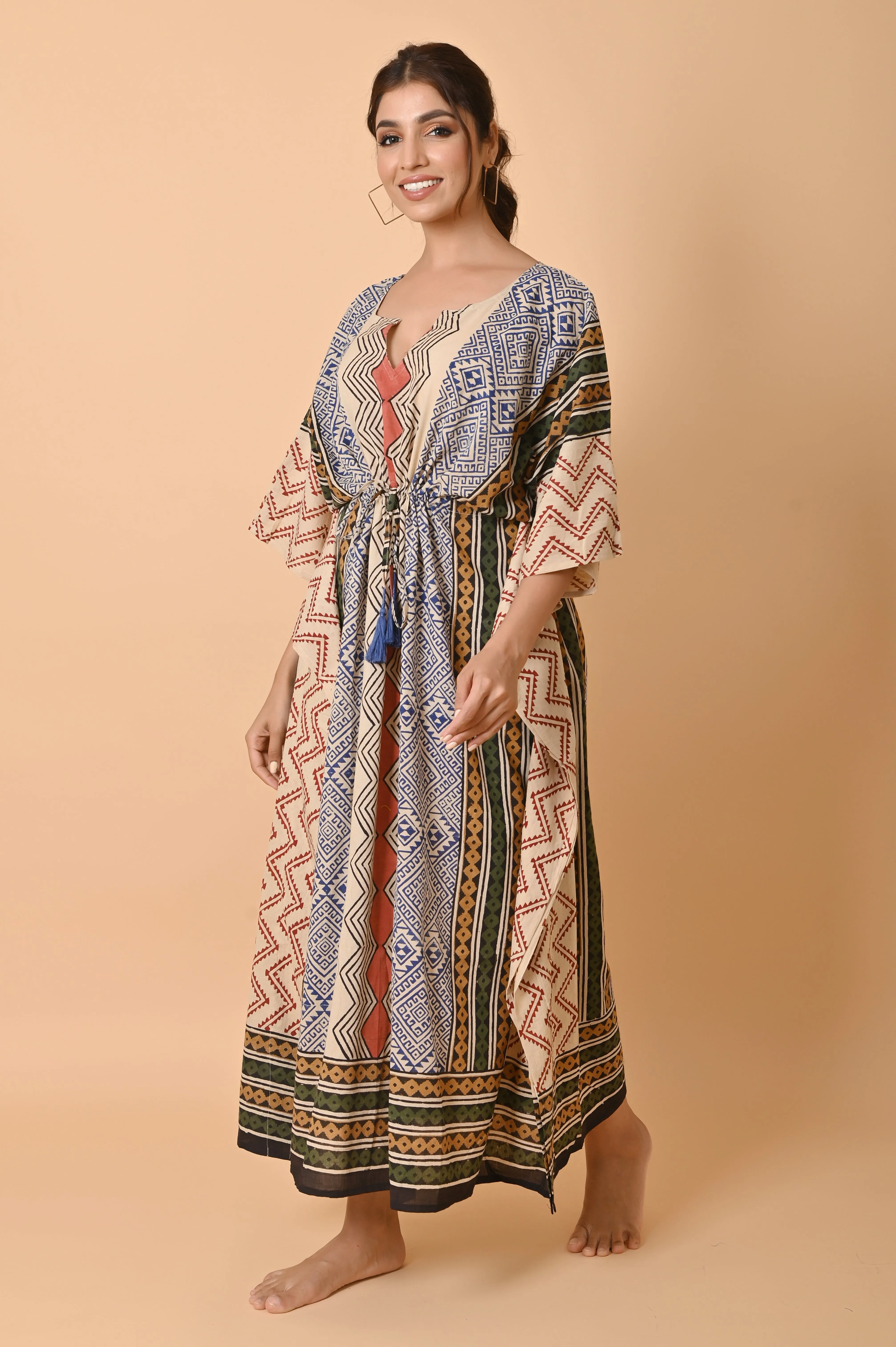 Block Print Cotton Long Bohemian Kaftan Dress