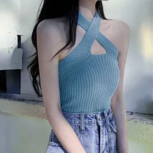 Blue Halter Flat Knit Tank