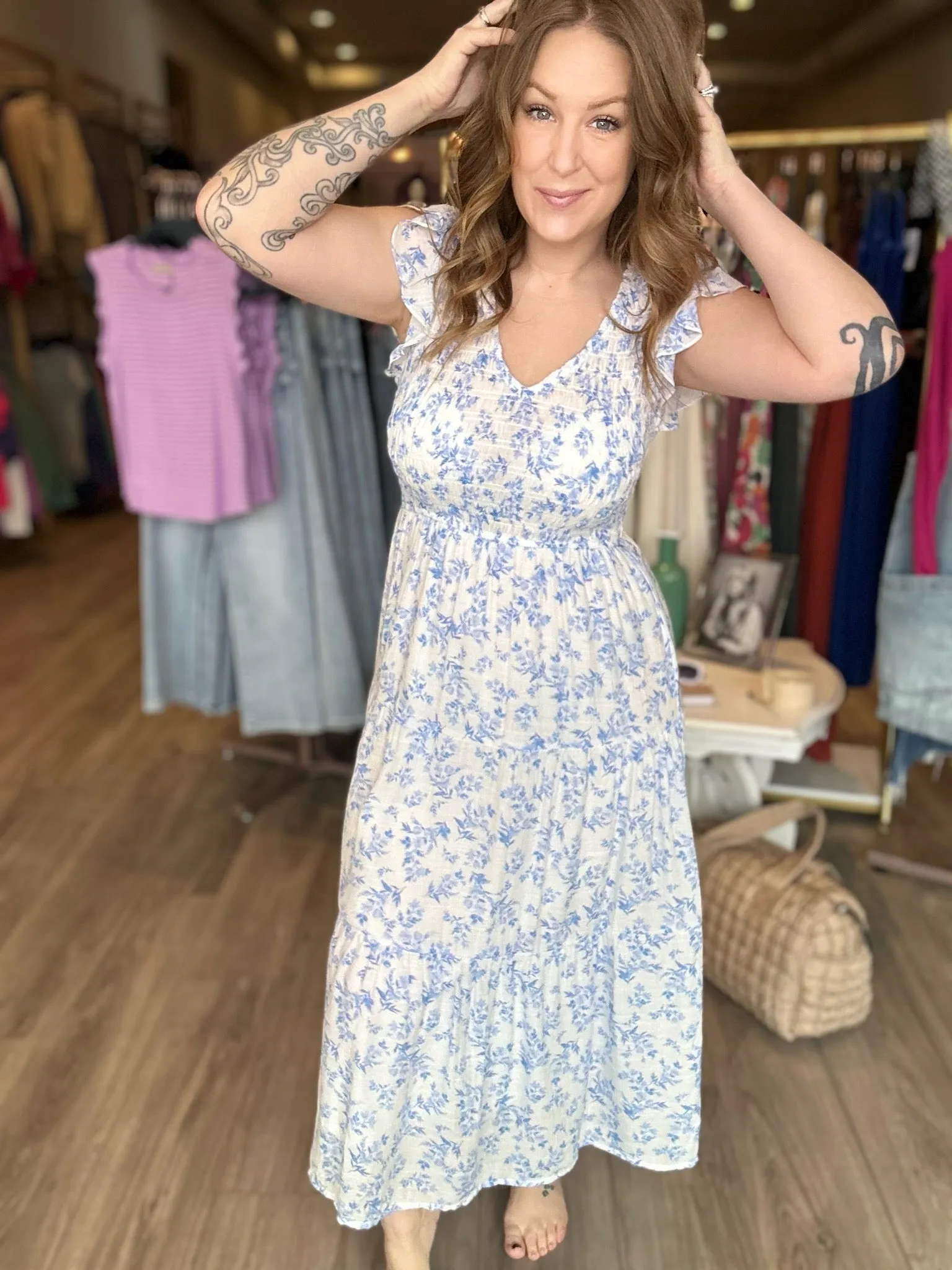 Blue Multi Floral Smocked Dress