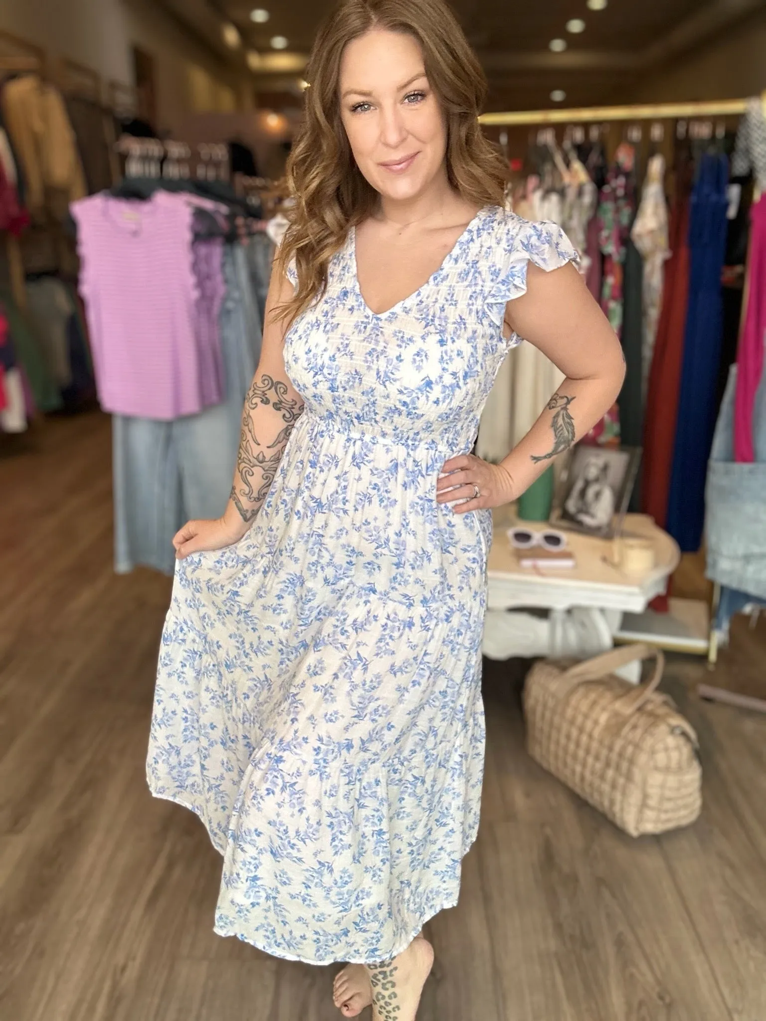 Blue Multi Floral Smocked Dress