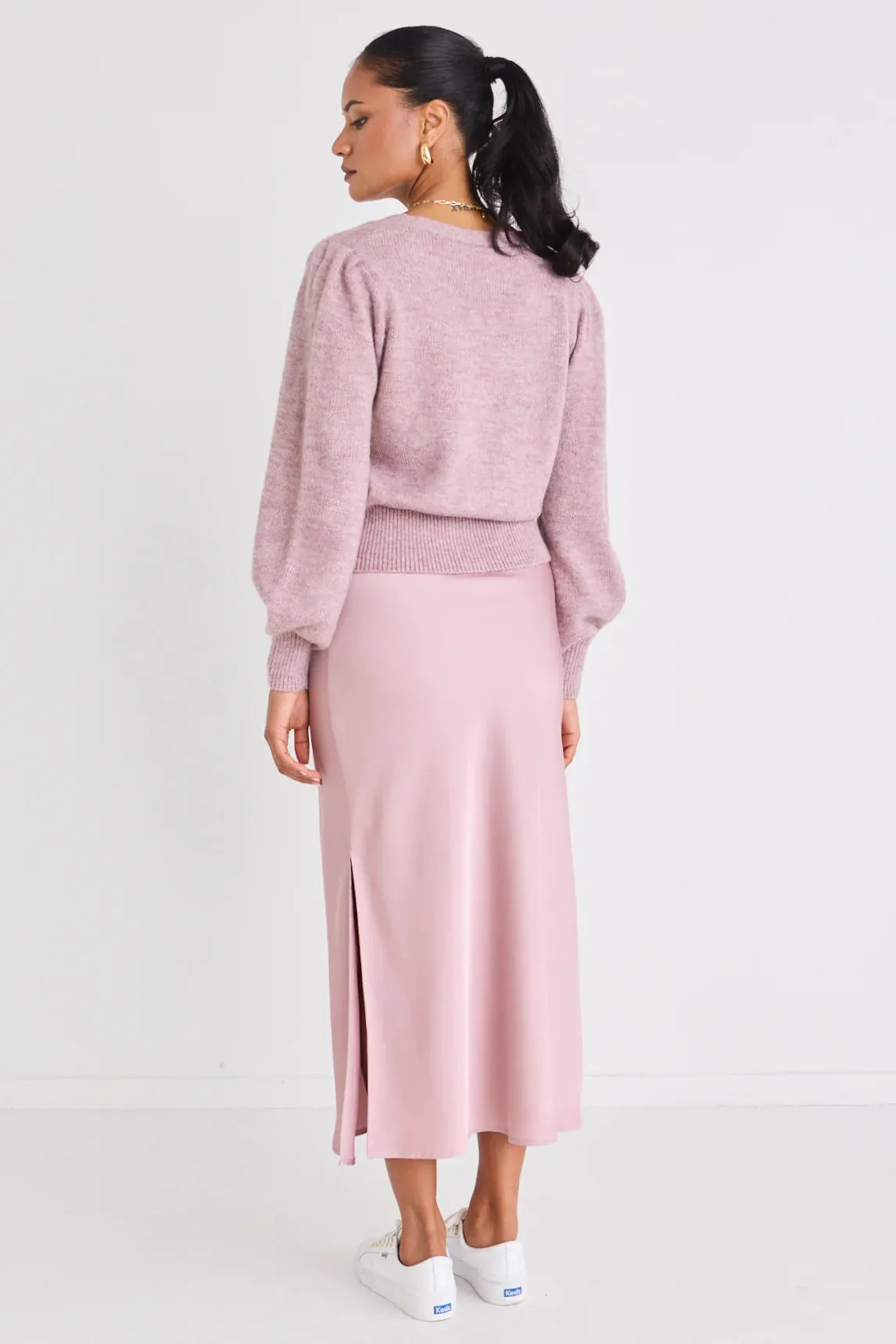 Blush Satin Side Split Bias Midi Skirt